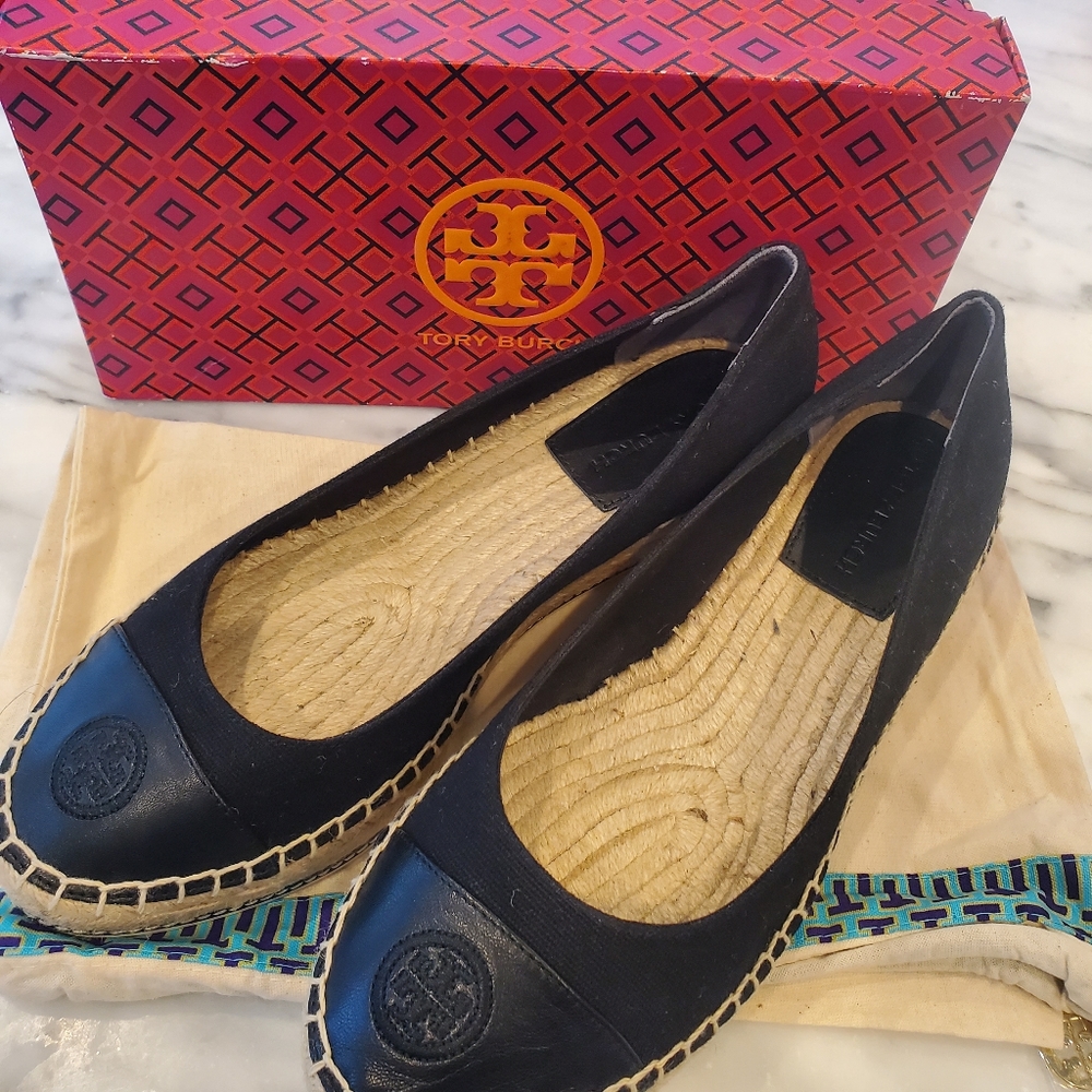 New Tory Burch black espadrille wedge pumps